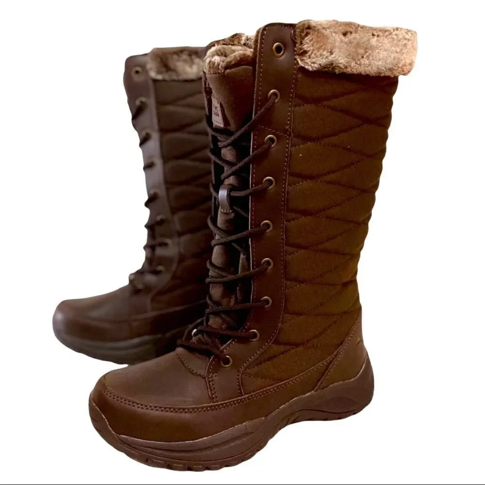 Brown Quilted Tall Lace Up Fur Trim Snow Winter Boots by Pacific Mountain NEW